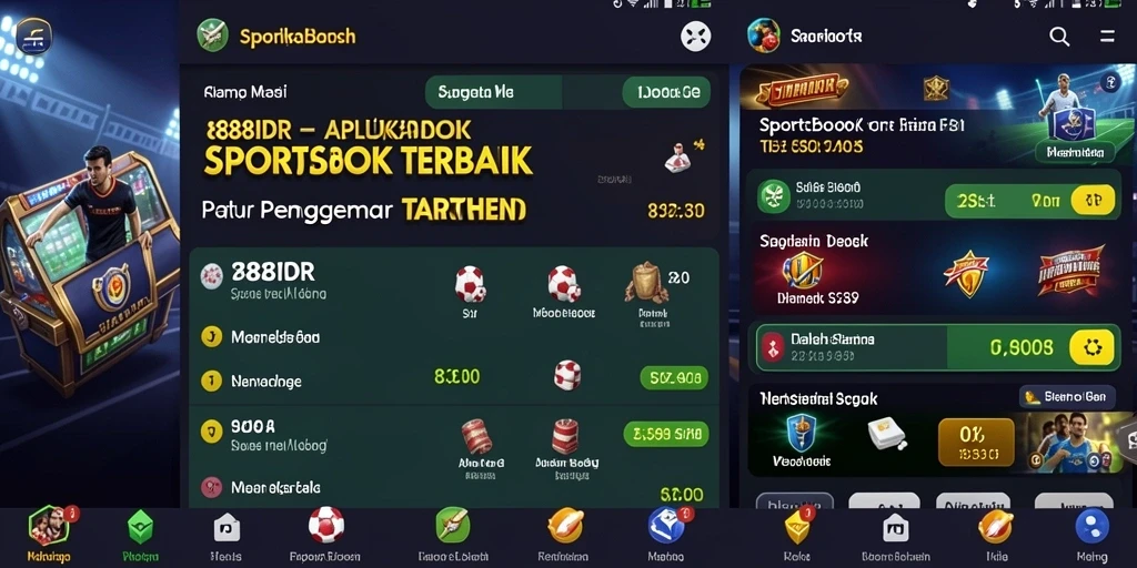 Screenshot gameplay menunjukkan interaksi taruhan dalam aplikasi Sportsbook.