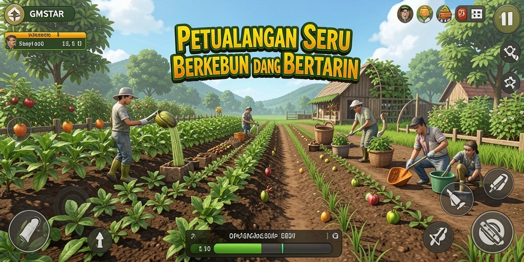 Tampilan screenshot GMSTAR menampilkan gameplay seru bertani dan berkebun.