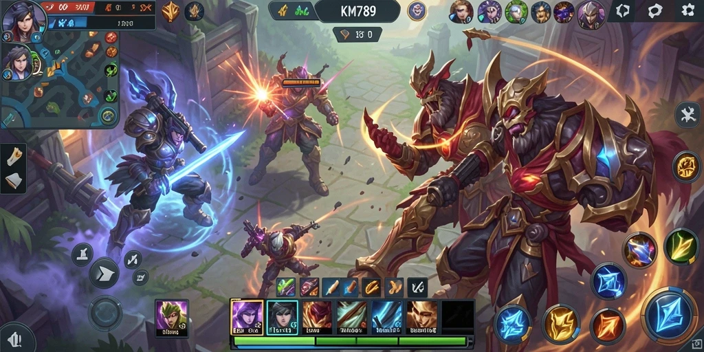 Gameplay seru KM789 dengan strategi MOBA yang mendebarkan.